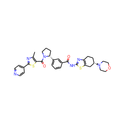Cc1nc(-c2ccncc2)sc1C(=O)N1CCC[C@@H]1c1cccc(C(=O)Nc2nc3c(s2)C[C@@H](N2CCOCC2)CC3)c1 ZINC000220409407