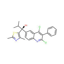 Cc1nc(C)c([C@@](O)(c2ccc3nc(Cl)c(-c4ccccc4)c(Cl)c3c2)C(C)C)s1 ZINC001772577537