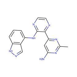 Cc1nc(N)cc(-c2nccnc2Nc2cccc3[nH]ncc23)n1 ZINC000113237262