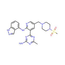 Cc1nc(N)nc(-c2cc(CN3CCN(S(C)(=O)=O)CC3)cnc2Nc2cccc3[nH]ncc23)n1 ZINC000113235065