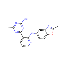 Cc1nc(N)nc(-c2cccnc2Nc2ccc3oc(C)nc3c2)n1 ZINC000113234707