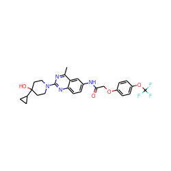 Cc1nc(N2CCC(O)(C3CC3)CC2)nc2ccc(NC(=O)COc3ccc(OC(F)(F)F)cc3)cc12 ZINC000084587205