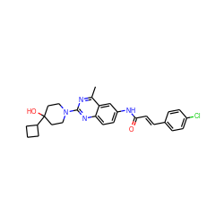 Cc1nc(N2CCC(O)(C3CCC3)CC2)nc2ccc(NC(=O)/C=C/c3ccc(Cl)cc3)cc12 ZINC000084617882