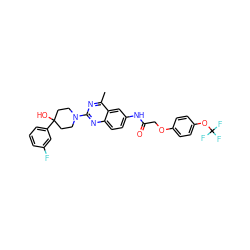Cc1nc(N2CCC(O)(c3cccc(F)c3)CC2)nc2ccc(NC(=O)COc3ccc(OC(F)(F)F)cc3)cc12 ZINC000084633574