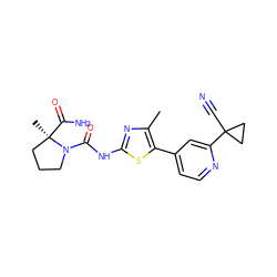 Cc1nc(NC(=O)N2CCC[C@@]2(C)C(N)=O)sc1-c1ccnc(C2(C#N)CC2)c1 ZINC000098194688