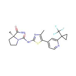 Cc1nc(NC(=O)N2CCC[C@@]2(C)C(N)=O)sc1-c1ccnc(C2(C(F)(F)F)CC2)c1 ZINC000098195223