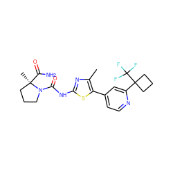 Cc1nc(NC(=O)N2CCC[C@@]2(C)C(N)=O)sc1-c1ccnc(C2(C(F)(F)F)CCC2)c1 ZINC000098194724