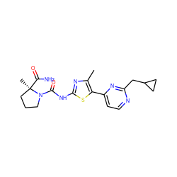 Cc1nc(NC(=O)N2CCC[C@@]2(C)C(N)=O)sc1-c1ccnc(CC2CC2)n1 ZINC000098195264