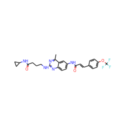 Cc1nc(NCCCC(=O)NC2CC2)nc2ccc(NC(=O)/C=C/c3ccc(OC(F)(F)F)cc3)cc12 ZINC000084596042