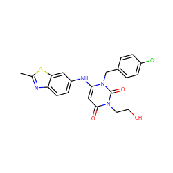 Cc1nc2ccc(Nc3cc(=O)n(CCO)c(=O)n3Cc3ccc(Cl)cc3)cc2s1 ZINC000204092821