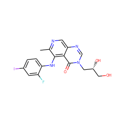 Cc1ncc2ncn(C[C@H](O)CO)c(=O)c2c1Nc1ccc(I)cc1F ZINC000169337240