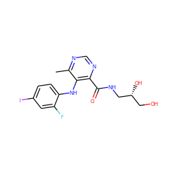 Cc1ncnc(C(=O)NC[C@H](O)CO)c1Nc1ccc(I)cc1F ZINC000169337229