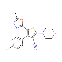 Cc1nnc(-c2sc(N3CCOCC3)c(C#N)c2-c2ccc(Cl)cc2)o1 ZINC000084596328