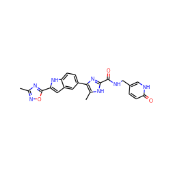 Cc1noc(-c2cc3cc(-c4nc(C(=O)NCc5ccc(=O)[nH]c5)[nH]c4C)ccc3[nH]2)n1 ZINC000068205677