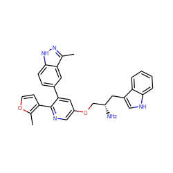 Cc1occc1-c1ncc(OC[C@@H](N)Cc2c[nH]c3ccccc23)cc1-c1ccc2[nH]nc(C)c2c1 ZINC000045353228