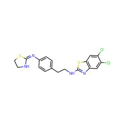 Clc1cc2nc(NCCc3ccc(/N=C4\NCCS4)cc3)sc2cc1Cl ZINC000049068308