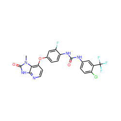 Cn1c(=O)[nH]c2nccc(Oc3ccc(NC(=O)Nc4ccc(Cl)c(C(F)(F)F)c4)c(F)c3)c21 ZINC000040973927