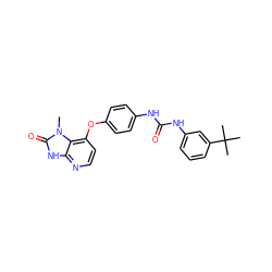 Cn1c(=O)[nH]c2nccc(Oc3ccc(NC(=O)Nc4cccc(C(C)(C)C)c4)cc3)c21 ZINC000040949564