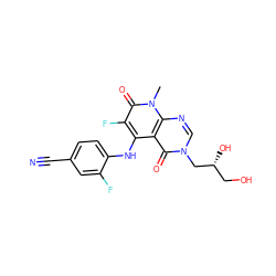 Cn1c(=O)c(F)c(Nc2ccc(C#N)cc2F)c2c(=O)n(C[C@H](O)CO)cnc21 ZINC000169684710