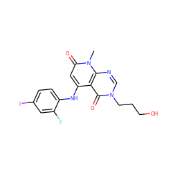 Cn1c(=O)cc(Nc2ccc(I)cc2F)c2c(=O)n(CCCO)cnc21 ZINC000066078891