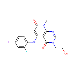 Cn1c(=O)cc(Nc2ccc(I)cc2F)c2c(=O)n(CCO)cnc21 ZINC000066078218