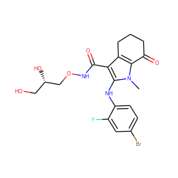 Cn1c(Nc2ccc(Br)cc2F)c(C(=O)NOC[C@@H](O)CO)c2c1C(=O)CCC2 ZINC000084604131