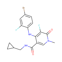Cn1cc(C(=O)NCC2CC2)c(Nc2ccc(Br)cc2F)c(F)c1=O ZINC000013679354