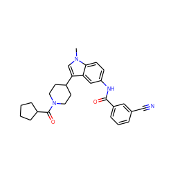 Cn1cc(C2CCN(C(=O)C3CCCC3)CC2)c2cc(NC(=O)c3cccc(C#N)c3)ccc21 ZINC000221075822