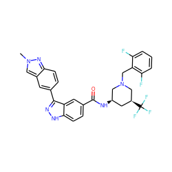 Cn1cc2cc(-c3n[nH]c4ccc(C(=O)N[C@@H]5C[C@H](C(F)(F)F)CN(Cc6c(F)cccc6F)C5)cc34)ccc2n1 ZINC000147769398