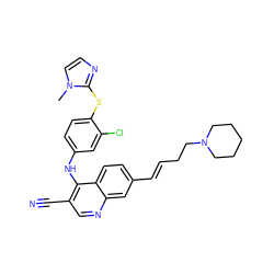 Cn1ccnc1Sc1ccc(Nc2c(C#N)cnc3cc(/C=C/CCN4CCCCC4)ccc23)cc1Cl ZINC000040938520