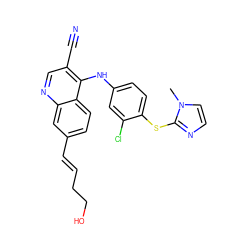 Cn1ccnc1Sc1ccc(Nc2c(C#N)cnc3cc(/C=C/CCO)ccc23)cc1Cl ZINC000040943304