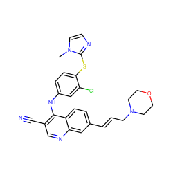 Cn1ccnc1Sc1ccc(Nc2c(C#N)cnc3cc(/C=C/CN4CCOCC4)ccc23)cc1Cl ZINC000040413516