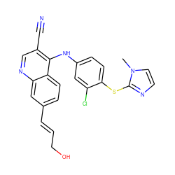 Cn1ccnc1Sc1ccc(Nc2c(C#N)cnc3cc(/C=C/CO)ccc23)cc1Cl ZINC000040411965
