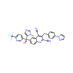 Cn1cncc1[C@@](O)(c1ccc(C(F)(F)F)nc1)c1ccc2nc(C#N)c(Cc3ccc(-n4cccn4)cc3)c(C#N)c2c1 ZINC000299835523
