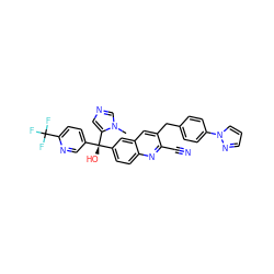 Cn1cncc1[C@@](O)(c1ccc(C(F)(F)F)nc1)c1ccc2nc(C#N)c(Cc3ccc(-n4cccn4)cc3)cc2c1 ZINC001772619620