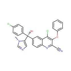 Cn1cncc1[C@@](O)(c1ccc(Cl)cc1)c1ccc2nc(C#N)c(Oc3ccccc3)c(Cl)c2c1 ZINC000219790959