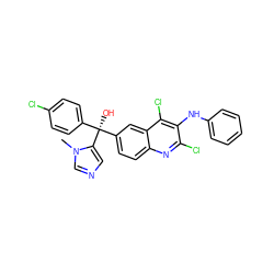 Cn1cncc1[C@@](O)(c1ccc(Cl)cc1)c1ccc2nc(Cl)c(Nc3ccccc3)c(Cl)c2c1 ZINC000219711391