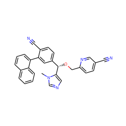 Cn1cncc1[C@@H](OCc1ccc(C#N)cn1)c1ccc(C#N)c(-c2cccc3ccccc23)c1 ZINC000013489572