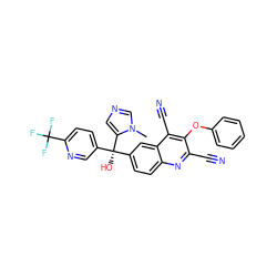 Cn1cncc1[C@](O)(c1ccc(C(F)(F)F)nc1)c1ccc2nc(C#N)c(Oc3ccccc3)c(C#N)c2c1 ZINC001772601881