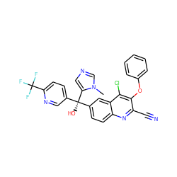 Cn1cncc1[C@](O)(c1ccc(C(F)(F)F)nc1)c1ccc2nc(C#N)c(Oc3ccccc3)c(Cl)c2c1 ZINC000219795640