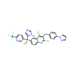 Cn1cncc1[C@](O)(c1ccc(C(F)(F)F)nc1)c1ccc2nc(Cl)c(Cc3ccc(-n4cccn4)cc3)c(Cl)c2c1 ZINC000219580515