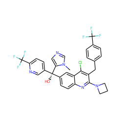 Cn1cncc1[C@](O)(c1ccc(C(F)(F)F)nc1)c1ccc2nc(N3CCC3)c(Cc3ccc(C(F)(F)F)cc3)c(Cl)c2c1 ZINC000219570574