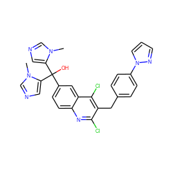 Cn1cncc1C(O)(c1ccc2nc(Cl)c(Cc3ccc(-n4cccn4)cc3)c(Cl)c2c1)c1cncn1C ZINC000219585655