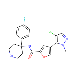 Cn1ncc(Cl)c1-c1coc(C(=O)NC2(c3ccc(F)cc3)CCNCC2)c1 ZINC000653864187