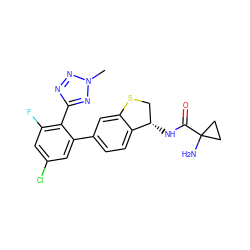 Cn1nnc(-c2c(F)cc(Cl)cc2-c2ccc3c(c2)SC[C@@H]3NC(=O)C2(N)CC2)n1 ZINC000169697156