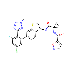 Cn1nnc(-c2c(F)cc(Cl)cc2-c2ccc3c(c2)SC[C@H]3NC(=O)C2(NC(=O)c3ccno3)CC2)n1 ZINC000142234741