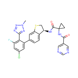 Cn1nnc(-c2c(F)cc(Cl)cc2-c2ccc3c(c2)SC[C@H]3NC(=O)C2(NC(=O)c3cncnc3)CC2)n1 ZINC000142265145