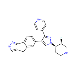 F[C@H]1CNCC[C@H]1n1cc(-c2ccc3c(c2)Cc2c[nH]nc2-3)c(-c2ccncc2)n1 ZINC000071332018