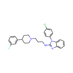 Fc1cccc(C2CCN(CCCNc3nc4ccccc4n3-c3ccc(Cl)cc3)CC2)c1 ZINC000058583206
