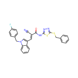 N#C/C(=C\c1cn(Cc2ccc(F)cc2)c2ccccc12)C(=O)Nc1nnc(SCc2ccccc2)s1 ZINC000299835726